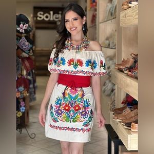 Mexican Artisanal Traditional Floral Clavel Off the Shoulder Dress | Vestido